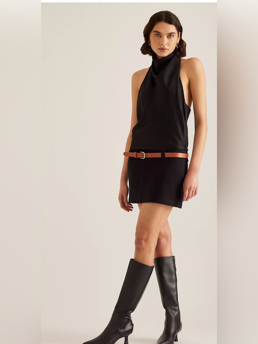 Anthropologie Maeve NEW Black Cowl Neck Belted Halter Mini Dress Size Small